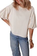 White Pearled Puff Sleeve Round Neck Loose Top