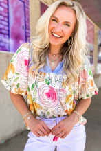 Multicolour Floral Print Striped Yoke Frilled V Neck Puff Short Sleeve Blouse