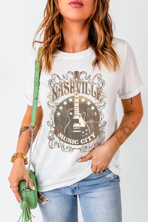 White Vintage Music City Guitar Print Crew Neck T Shirt