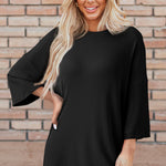 Color black Solid Color Loose Tunic Top and Slim Shorts Set