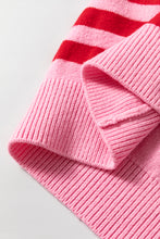 Pink Stripe Bubble Sleeve Drop Shoulder Ribbed Trim Sweater