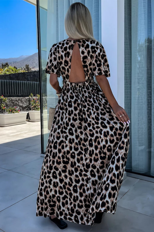 Khaki Leopard V Neck Cinched High Waist Open Back Maxi Dress