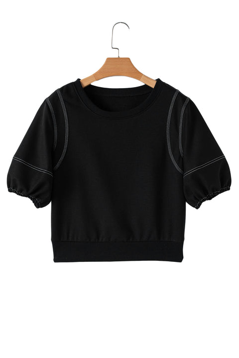 Black Contrast Stitches Detail Puffy Half Sleeve Blouse