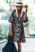 Black Leopard Puff Sleeve Buttons Front Shirt Dress