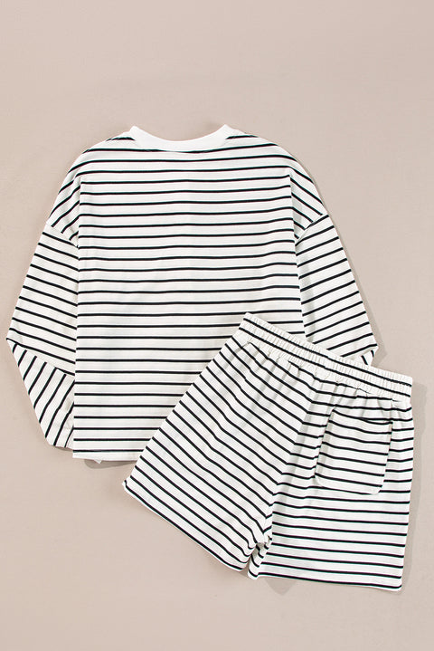 Black white Stripes Printed Half Button Long Sleeve Top and Shorts Set