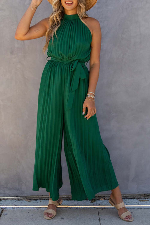 Halter Neck Pleated Wide Leg Jumpsuit with Belt