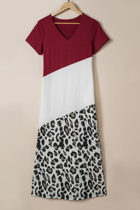 Leopard Color Block Side Slit T Shirt Maxi Dress