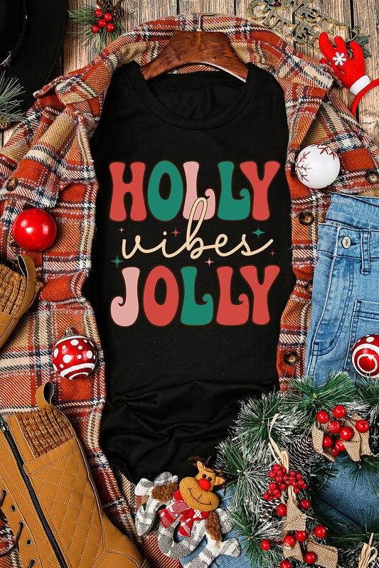 Camiseta negra con cuello redondo HOLLY JOLLY Vibes Christmas