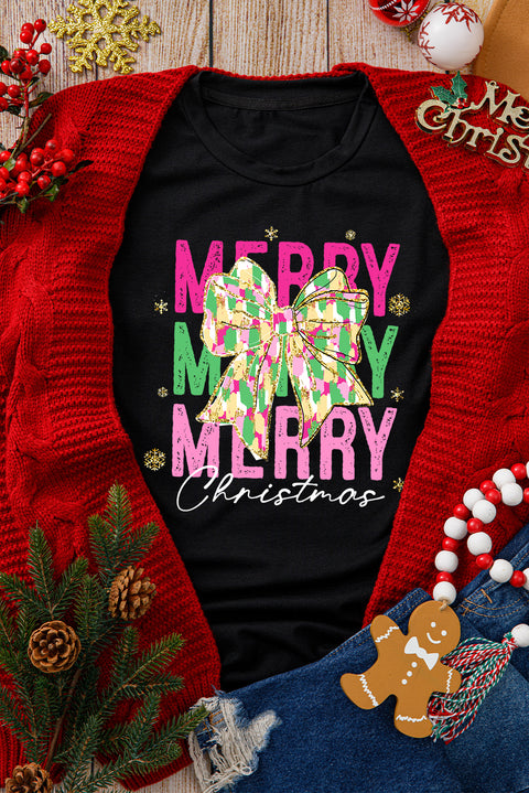 Black Merry Christmas Brushwork Bow Printed T Shirt