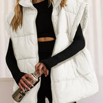 Beige  Zipper Stand Neck Oversized Puffer Vest