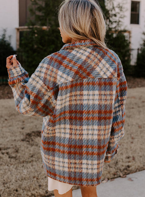 Cinnamon Plaid Print Chest Pockets Turn Down Collar Shacket