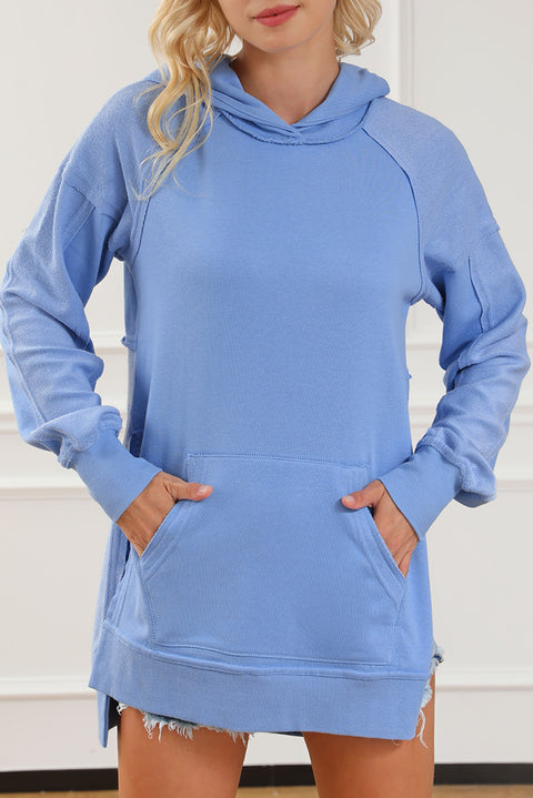 Blue Raw Seam Patchwork Kangaroo Pocket Tunic Hoodie