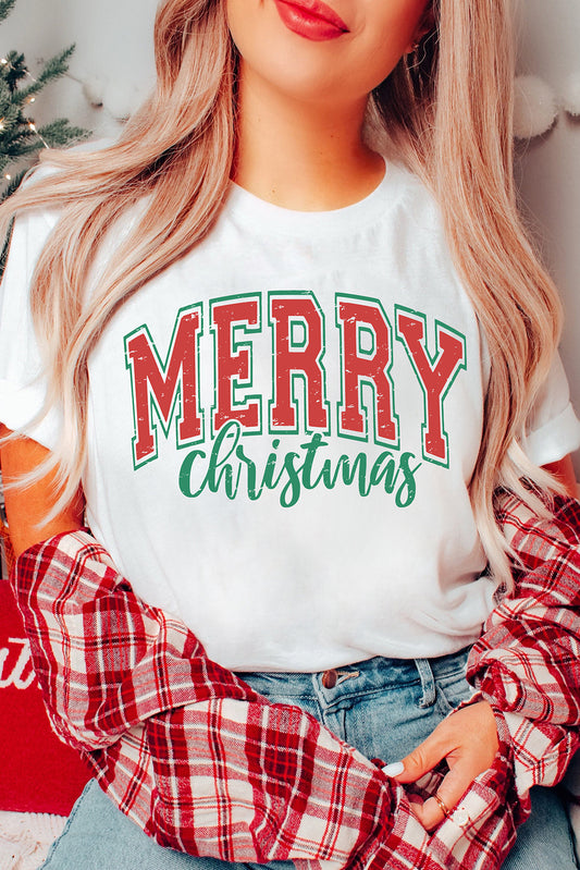 White MERRY Christmas Graphic Round Neck T Shirt