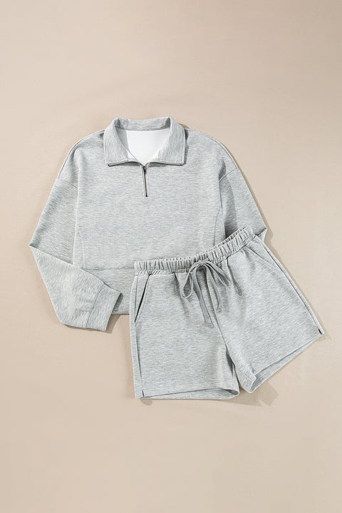 Light Grey Stand Neck Zipped Sweatshirt and Shorts Set