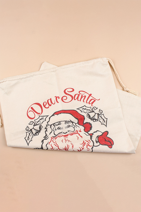 White Santa Clause Print Drawstring Closure Canvas Christmas Gift Bag