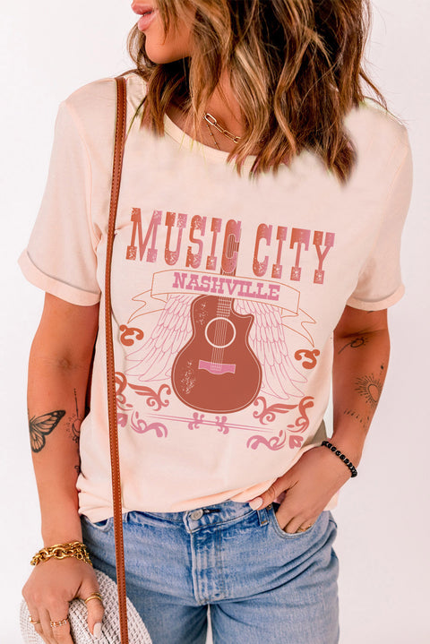 MUSIC CITY Camiseta con cuello redondo y estampado gráfico de guitarra