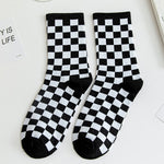 Black Checkerboard Print Cotton Socks