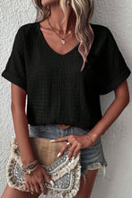 Black Textured Rolled Short Sleeve V Neck Blouse