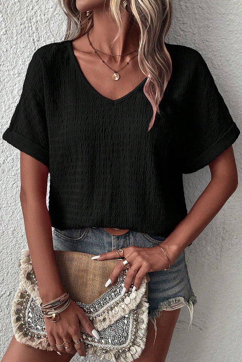 Black Textured Rolled Short Sleeve V Neck Blouse