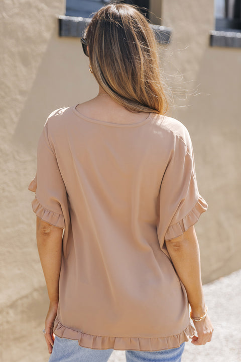 Khaki Ruffle Trim Short Sleeve Oversize Blouse