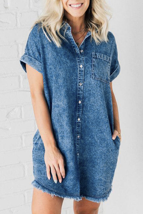 Blue Mineral Wash Cuffed Sleeve Frayed Hem Denim Dress