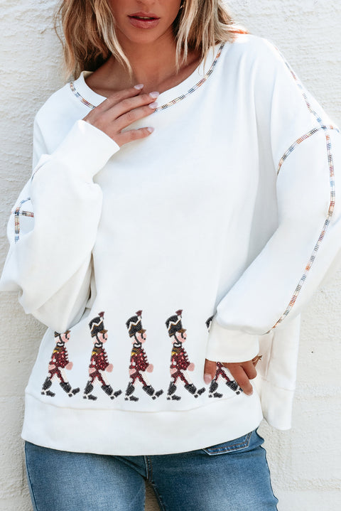 White Colorful Stitches Trim Sequined Nutcracker Doll Graphic Sweatshirt