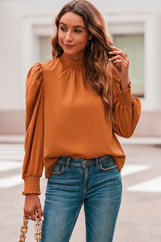 Blusa de gasa con cuello simulado y manga larga de burbuja naranja