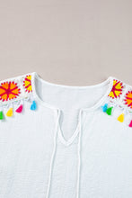 White Knit Crochet Patchwork Textured Fringed V Neck Blouse