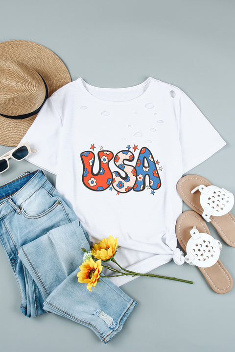 White Flower USA Graphic Distressed Tee