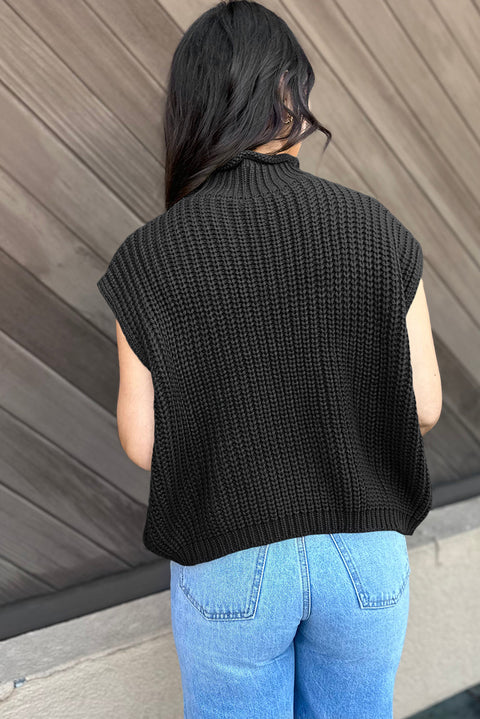 Black Solid Color Cable Knit High Neck Sweater Vest