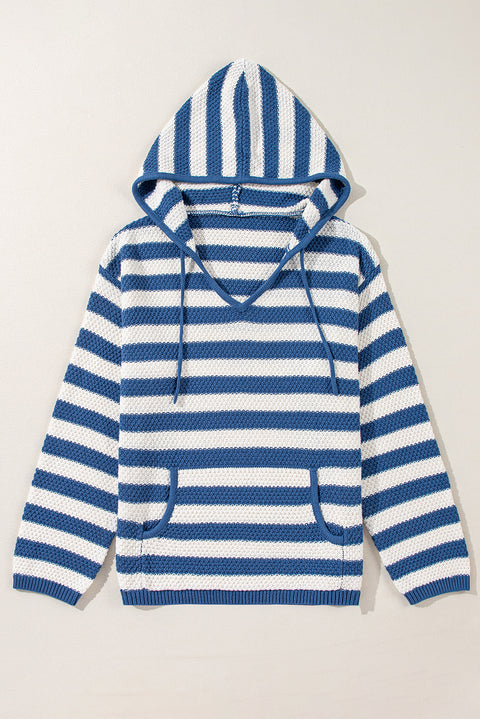 Blue Stripe V Neck Pocketed Drawstring Hooded Sweater