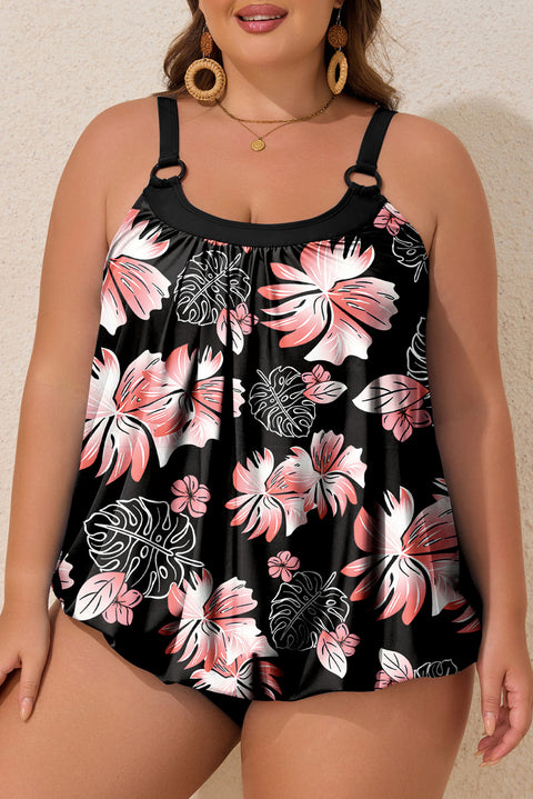 Black 2pcs Plus Size Wide Strap Floral Top Tankini Set