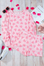 Pink Valentine Heart Shape Print Long Sleeve Top Shorts Lounge Set