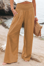 Khaki Smocked Wide Waistband High Waist Wide Leg Pants