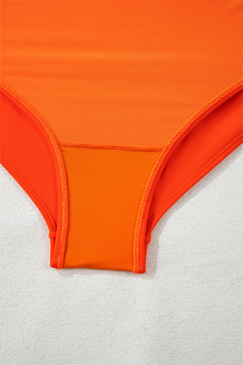 Orange Ruffled Trim Knotted High Waist Plus Size Bikini Set