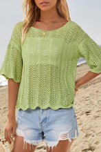 Light Green Scalloped Half Sleeve Open Knit Top