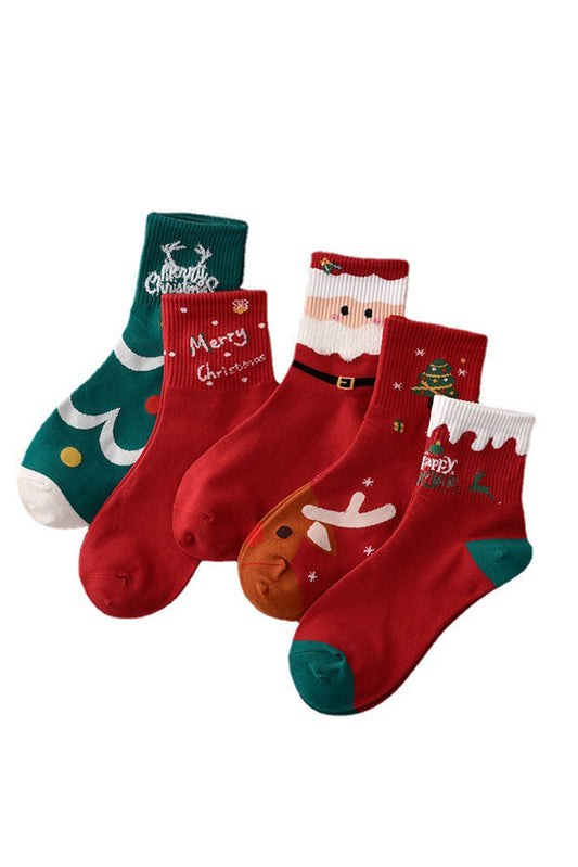 Rojo ardiente 5 pares de calcetines con estampado de dibujos animados navideños festivos