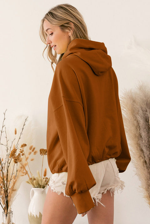 Beige Ribbed Trim Kangaroo Pocket Zipped Hoodie