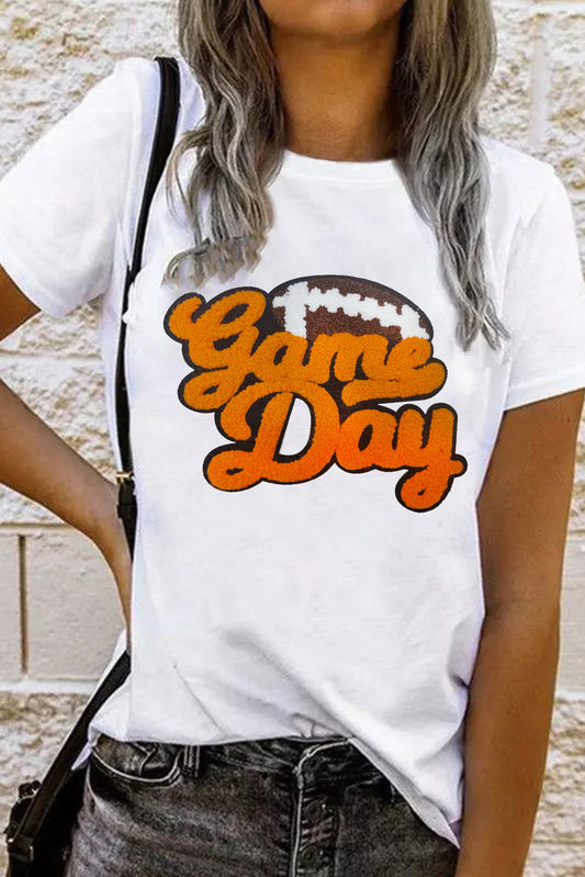 White Chenille Game Day Rugby Football Pattern Crewneck T Shirt