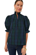 Green Stripe Plaid Puff Sleeve Frilled Trim Elegant Blouse