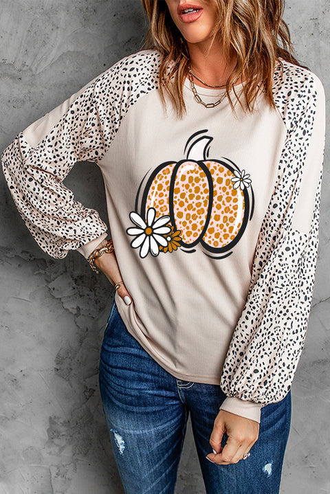 Khaki Leopard Raglan Long Sleeve Floral Pumpkin Graphic Top