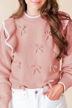 Light Pink Ruffled Bowknot Ribbed Trim Long Sleeve Sweater