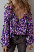 Purple Boho Flower Split V Neck Bubble Sleeve Blouse