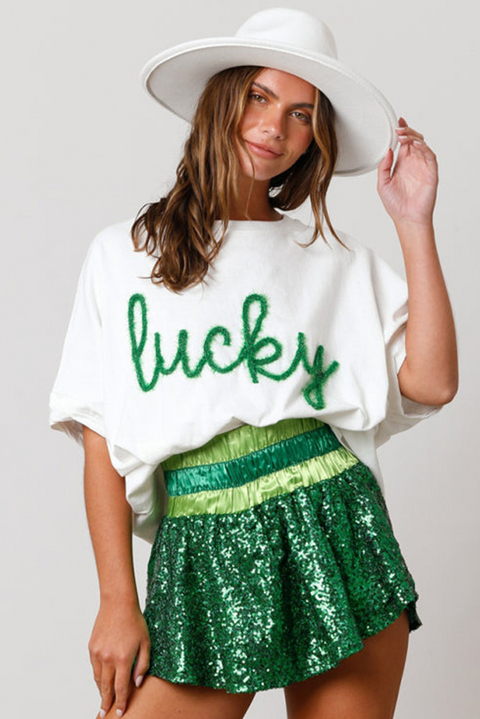 White Lucky Tinsel Graphic St Patrick Fashion Tee