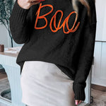 Black Boo Knitted Pattern Ribbed Edge Drop Shoulder Sweater