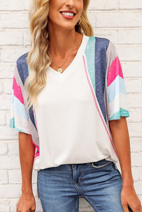 Stripe Patchwork V Neck T Shirt