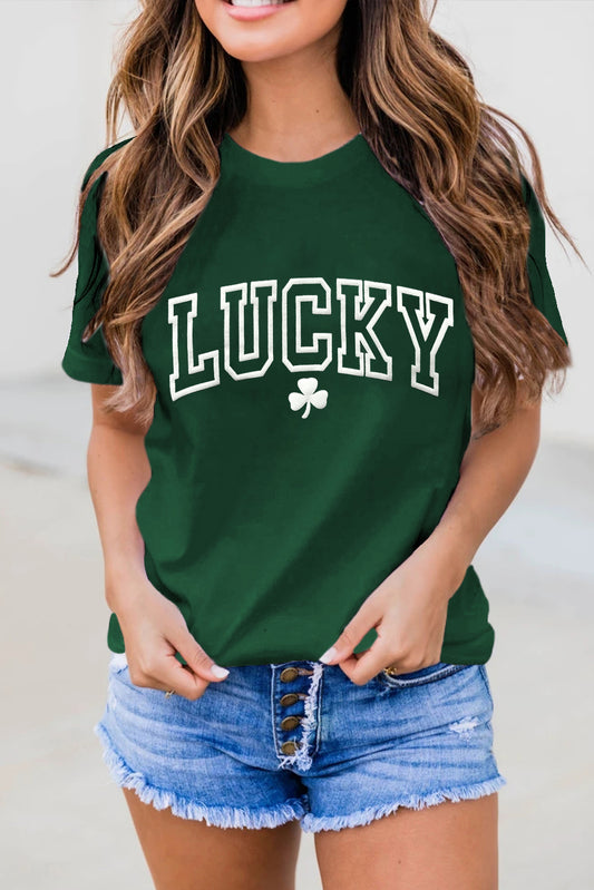 Green LUCKY Clover Puff Print Round Neck Casual T Shirt