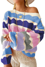 Dark Blue Wave Striped Balloon Sleeve Drop Shoulder Sweater