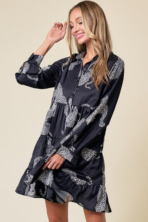 Black Leopard Print Button-up Long Sleeve Shirt Mini Dress