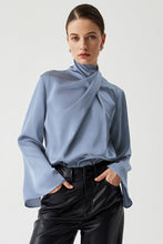 Ivy Asymmetric Pleated Turtleneck Bell Sleeve Blouse